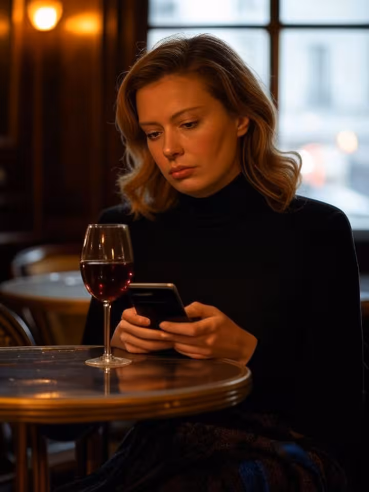 Qu Femme seule dans un bar parisien consultant son téléphone après avoir été ghostée