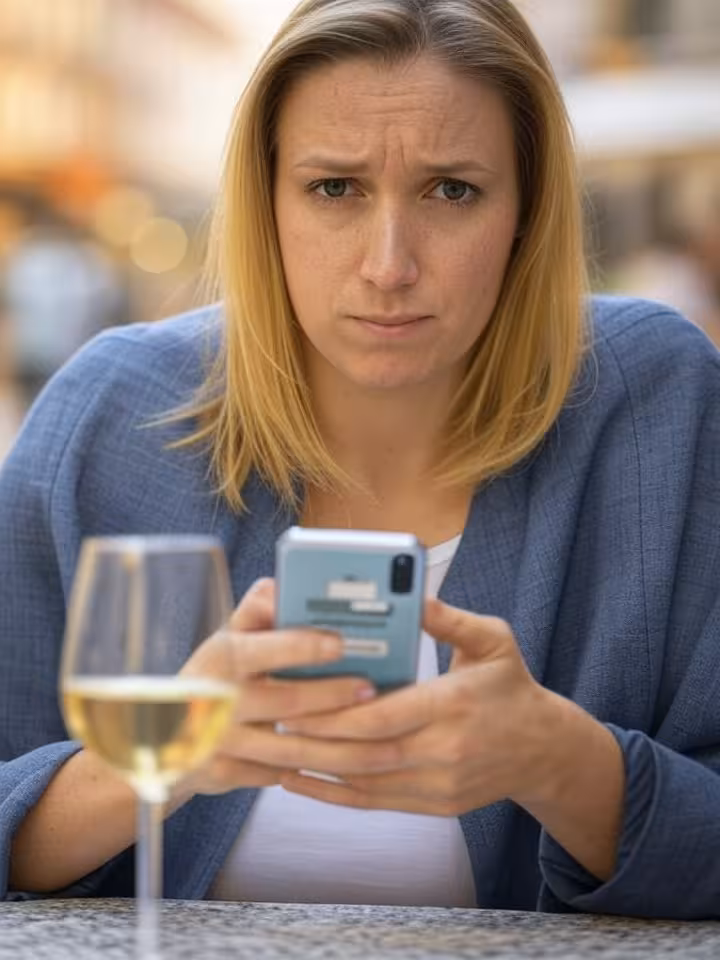 Femme vérifiant des messages de breadcrumbing sur son téléphone à une terrasse de café