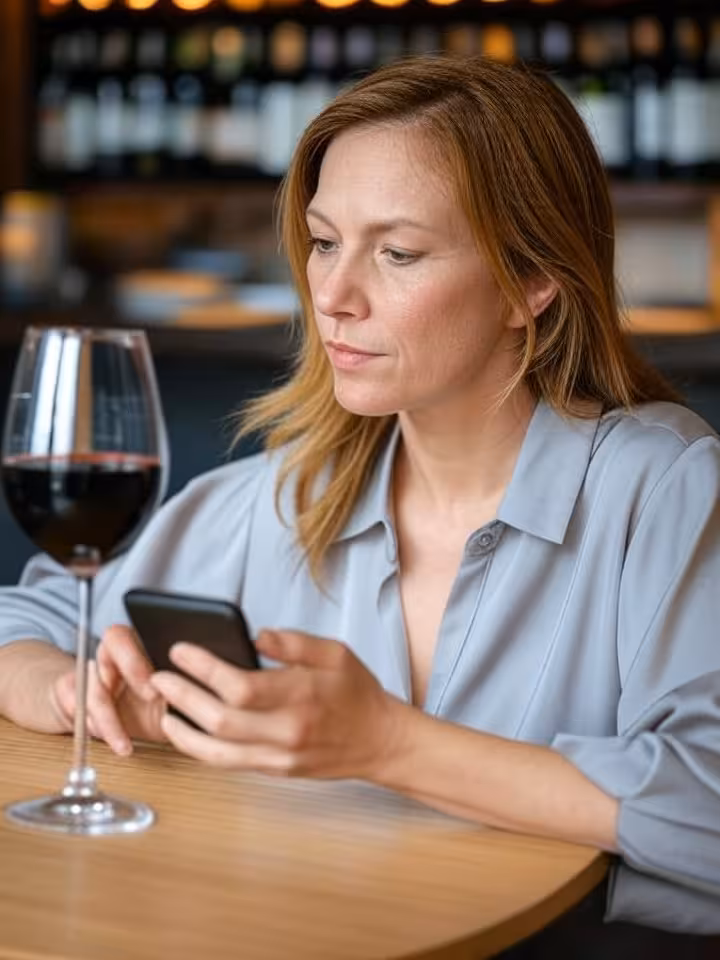 Femme rédigeant un message important sur son téléphone dans un bar à vin