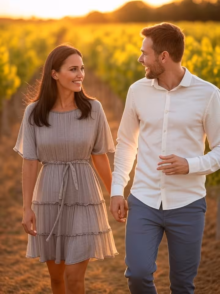 Couple se promenant et discutant dans les vignobles bordelais