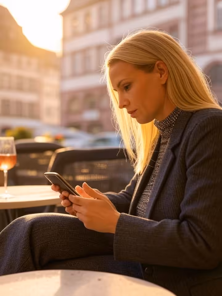 Elegante vrouw op het terras van een café in Straatsburg met haar smartphone